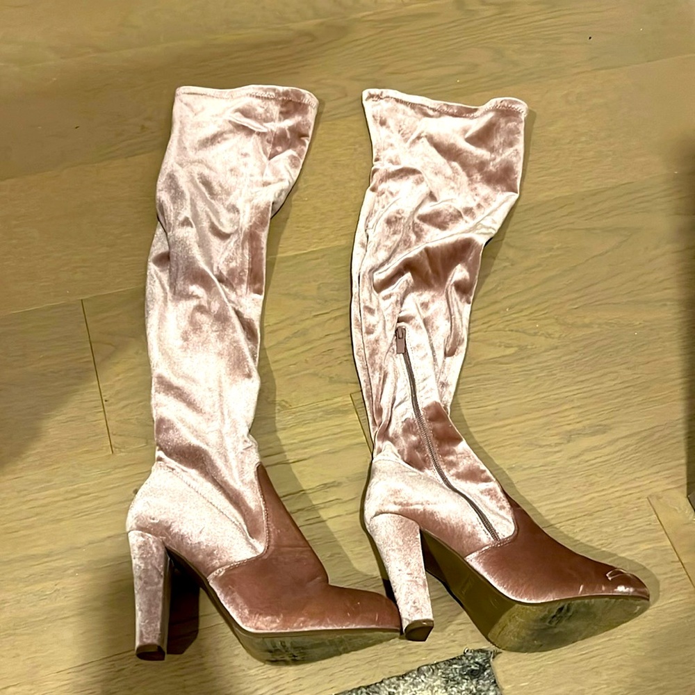Pink velour over the knee boots! High heel!